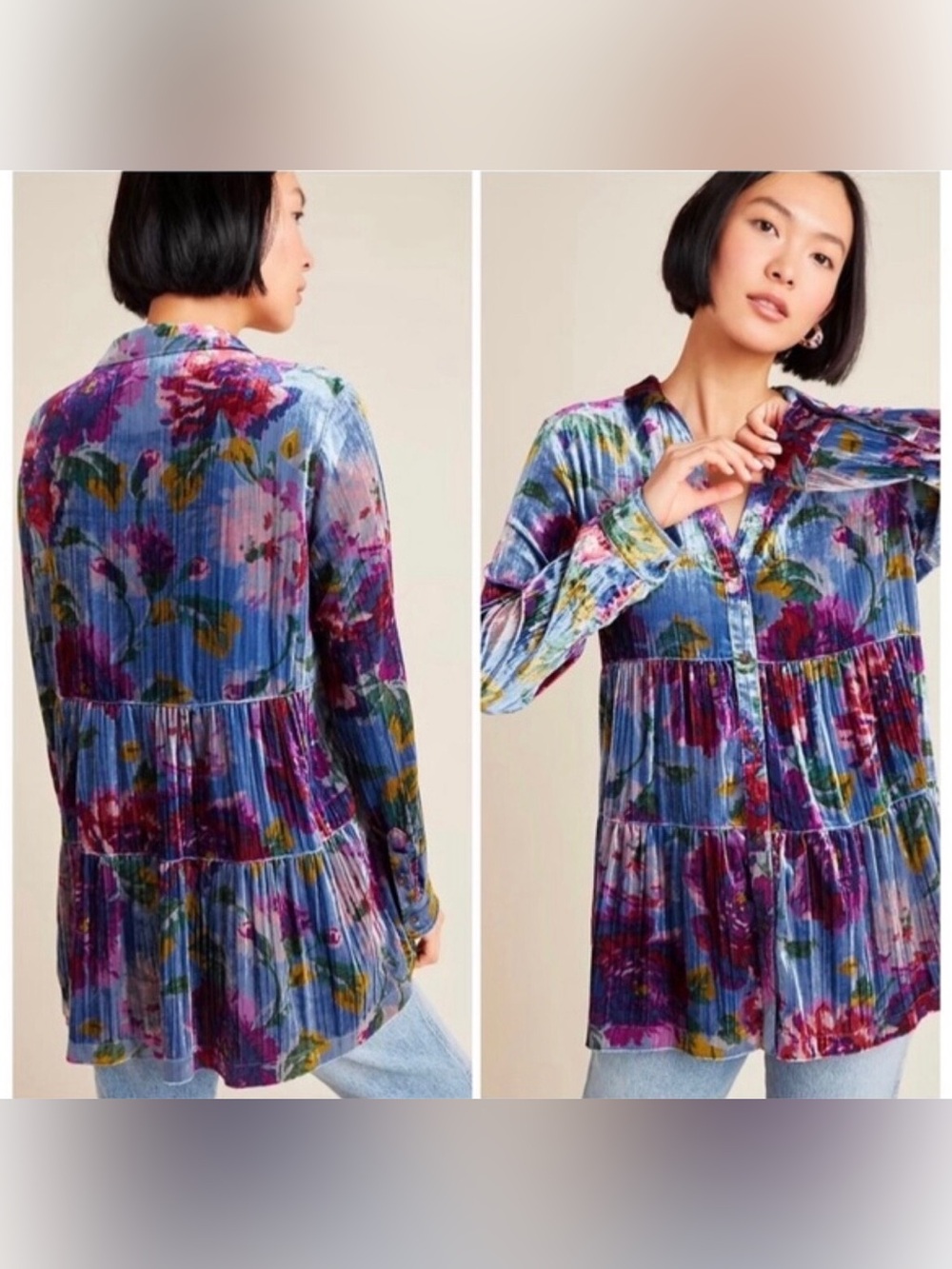 MAEVE Anthropologie Reverie Tiered Velvet Floral Tunic Top Womens Medium Boho